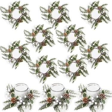 Imagem de Anel de vela artificial de Natal, guirlanda de férias de inverno com pinhas, frutas brancas, folhas de azevinho verde, mini mesa decorativa de centro de mesa (12)