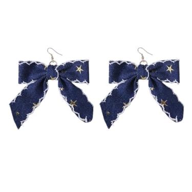 Imagem de Brincos femininos com pingente de laço de brim azul boêmio grande tecido exagerado laço estrela pendurada declaração brincos fita leve anzol vintage joia de festa de Natal, Medium, Metal, Sem pedra