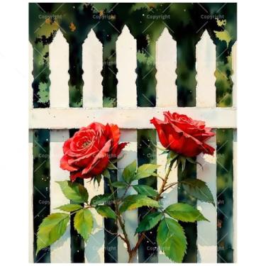Imagem de Kit de pintura de cerca de jardim de rosas por números para adultos – DIY pintura de duas rosas vermelhas em cerca branca em tela 40,6 x 50,8 cm, conjunto de tinta acrílica, adequado para iniciantes