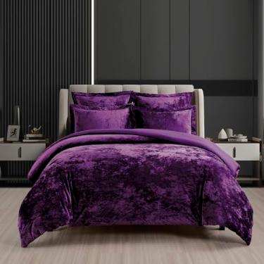 Imagem de Fredsure Conjunto de edredom de veludo envelhecido, 5 peças, queen roxo escuro, rosto de veludo envelhecido e microfibra escovada reversa