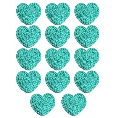 Imagem de 14 peças aplique de coração de crochê de 6 cm, aplique de tricô com feltro branco para suéter, gorro, aquecedores, enfeite de costura, enfeites de Natal para dia dos namorados (Aqua)
