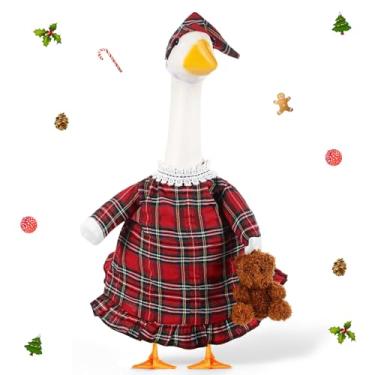 Imagem de Silicherry Conjunto de saia xadrez de Natal com urso, varanda e ganso para decoração de 58 cm, festa de Natal, ao ar livre, pátio, quintal, gramado, decoração