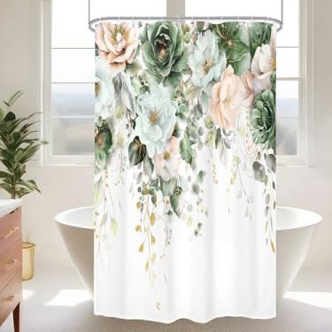 Imagem de Omifly Cortina de chuveiro floral verde e rosa 137 cm L x 192 cm barraca pequena primavera verde eucalipto flores flores flores silvestres folhas menina com 12 ganchos de plástico tecido impermeável