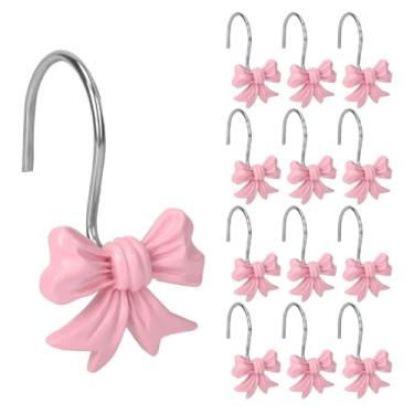 Imagem de Ganchos de chuveiro decorativos rosa para decoração de banheiro de crianças, bebês, meninas, 12 peças de ganchos de cortina de chuveiro com nó de laço, anéis de cortina resistentes à ferrugem