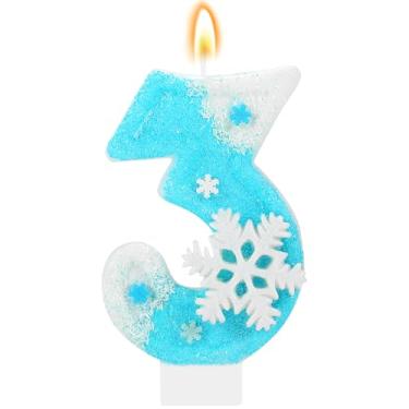 Imagem de IDIJOLI Vela de aniversário Frozen Floco de neve número 3, topo de bolo, decoração de cupcake, decorações de festa de terceiro aniversário, comemorações, suprimentos, lembrancinhas
