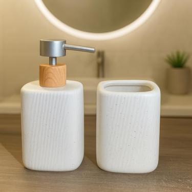 Imagem de Kit de Banheiro 2 Peças para Lavabo Banheiro Porta Sabonete liquido Dispenser Porta Escova de Dente Conjunto de Cerâmica para Pia Decoração Moderno Estilo Madeira (GRANITO BRANCO)