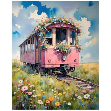 Imagem de Kit de pintura de trem de flores por números para adultos - DIY vintage ferroviário com pintura de flores em tela 40,6 x 61 cm, conjunto de tinta acrílica, adequado para iniciantes, arte para