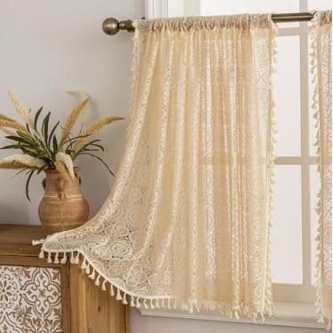 Imagem de YJ YANJUN Cortinas de janela de cozinha Boho sobre a pia 2 painéis, cada 149,9 cm L x 91,4 cm C, cortinas bege crochê café 91,4 cm comprimento Country Short Borla painéis de cortina para lavanderia