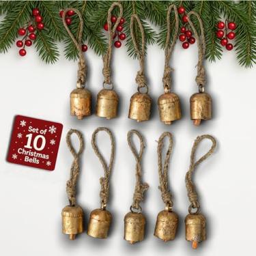 Imagem de Mie Creations Conjunto de 10 sinos de vaca vintage rústicos, sinos de Natal feitos à mão em corda de juta, ornamentos decorativos de árvore de Natal para artesanato, sinos de 5 cm, guirlanda de metal