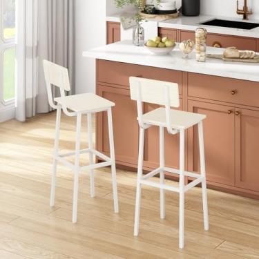 Imagem de GILLAS Conjunto de 2 bancos de bar, banquinho alto com encosto e apoio para os pés, cadeiras de bar altas, banco de bar de altura de balcão de estilo industrial para sala de jantar, cozinha, branco