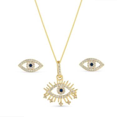 Imagem de Conjunto Colar e Brinco Olho Grego Pedras de Zircônias Semi Joias Banhado Ouro 18k Presente Inesquecivel