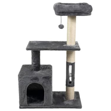 Imagem de Arranhador de gato luxuoso, multifuncional com casa, cama de pelúcia, poleiro e brinquedos (Cinza)