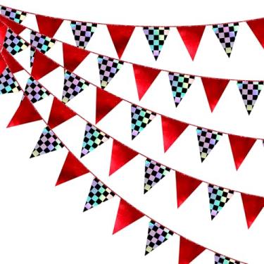 Imagem de Decorações de festa de corrida bandeira de bandeira vermelha quadriculada iridescente pendurada triângulo de papel para crianças, meninos, homens, fãs de corrida, aniversário, chá de bebê, caminhão