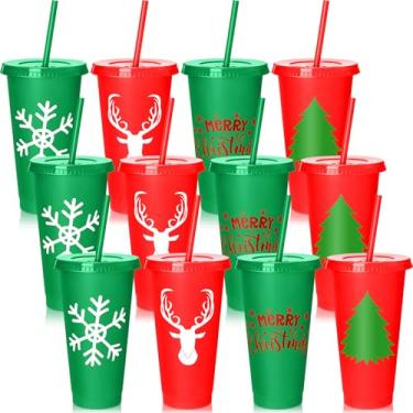 Imagem de LemonRoad Conjunto de 12 copos de plástico com tampas planas e canudos 680 g copos de plástico reutilizáveis fita rosa conscientização do câncer de mama Halloween fantasma abóbora copos de água