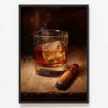 Imagem de Arte de parede Whiskey and Charuto Dark Moody Bar Canvas Poster com Smoke and Ice Pintura realista natureza morta 40 x 61 cm sem moldura