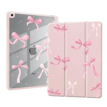 Imagem de AdorableWhimsy Capa protetora dobrável com laço rosa para iPad 5ª/6ª geração (2017/2018), para iPad Air/Air 2 de 9,7 polegadas com suporte para lápis, laço feminino, couro rosa, transparente, capa