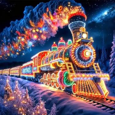 Imagem de JJBSWYMT Kits de pintura de diamante de trem colorido de neve 5D para adultos iniciantes, kit de arte de diamante de noite estrelada faça você mesmo, pontos de diamante com pedras de diamante, arte e