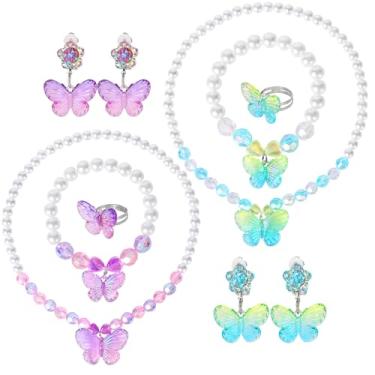 Imagem de BAOBAOJOY 2 conjuntos de joias de princesa para meninas, conjunto de joias de borboleta infantil, pulseiras de colar elástico, anéis e brincos de pressão, perfeitos para vestir, festas de aniversário