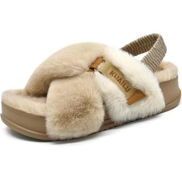 Imagem de Chinelos femininos KuaiLu Fuzzy Criss Cross Platform Bege 12
