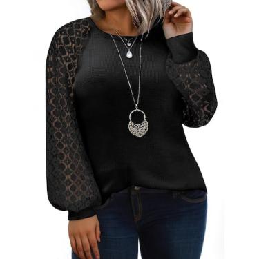 Imagem de Blusa feminina Eytino, tamanho grande, casual, gola redonda, renda 4x 