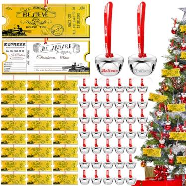 Imagem de 48 peças de enfeites de Natal Polar Express Golden Tickets and Believe Bells Bulk, Bilhetes de trem do Polo Norte Sino Polar Express Decorações de Natal Believe Hanging Holiday Party Gifts Favors