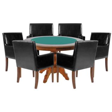Imagem de Mesa de Jogos Carteado Redonda Montreal Tampo Reversível Amêndoa com 6 Cadeiras Liverpool PU Preto Liso - Gran Belo