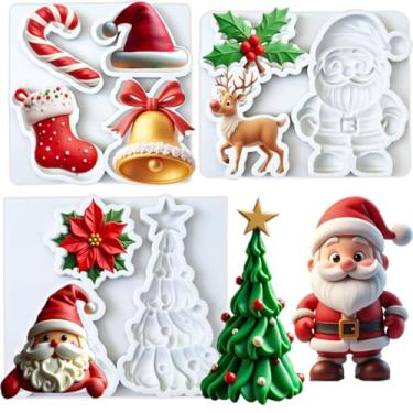 Imagem de Pacote com 3 moldes de silicone para fondant de Natal, moldes de chocolate com tema natalino, incluindo papai noel, rena, árvore de Natal e formas de baga de azevinho para decoração de cubo de gelo de