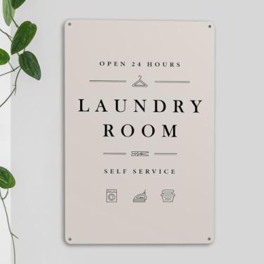 Imagem de Placa de metal para lavanderia presentes de aniversário de inauguração de casa para mulheres homens amigos retrô aberto 24 horas lavanderia autoatendimento placas de parede para quarto de casa de