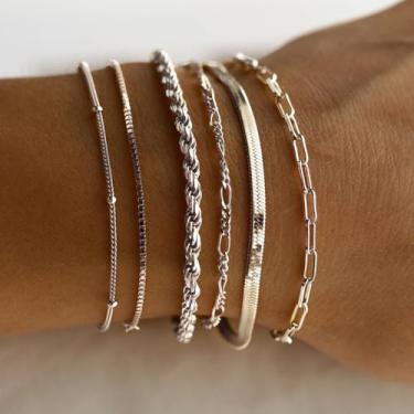 Imagem de Pulseiras femininas douradas e prateadas modernas com corrente empilhável fina e delicada conjuntos de elos cubanos joias para presente, One Size, Liga de aço, Sem Pedra Preciosa