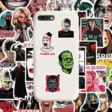 Imagem de Pacote com 50 adesivos de terror com tema de filme assustador, decalques de vinil à prova d'água para laptop, garrafa de água, capacete e scrapbook