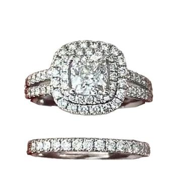 Imagem de Conjunto de 2 peças banhado a ouro branco brilhante zircônia cúbica incrustada elegante anel de noivado aliança de casamento alianças de compromisso, festas noturnas, presentes de dia dos namorados