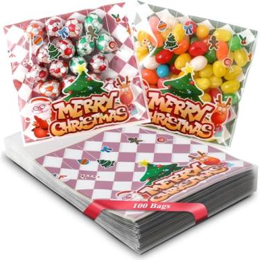 Imagem de 100 sacos de presente de Natal – Sacos de Natal para biscoitos de celofane para biscoitos, petiscos, guloseimas, guloseimas, doces, embrulhos de presente