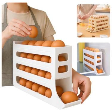 Imagem de Porta Ovos Premium Geladeira 4 Camadas Rolamento Automático Suporte Dispensador 30 Ovos Organizador Compacto