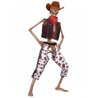 Imagem de Cozypower Conjunto de 4 peças de acessórios de esqueleto de Halloween de 3,6 m, traje de caubói ocidental, inclui chapéu de caubói, bandana vermelha, colete, calças para festivais de Halloween, festas