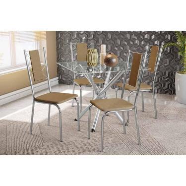 Imagem de Conjunto Mesa De Cozinha Volga Com Tampo De Vidro 90cm E 4 Cadeiras Lisboa Cromada Courano Capuccino Kappesberg