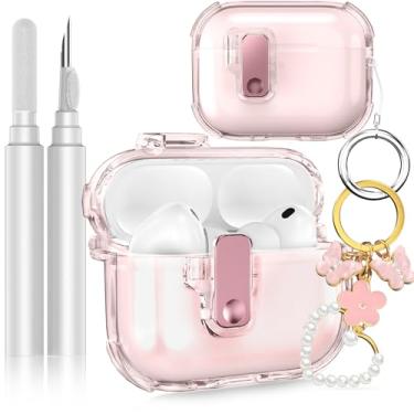 Imagem de Capa para Apple Airpods Pro 3 2025, capas magnéticas transparentes de bloqueio automático com suporte de telefone e kit de limpeza para Air pod Pro 3 gerações, iPods Pro 3, porta-chaves para Airpod