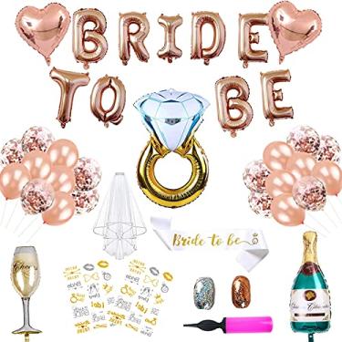Imagem de Kit de decorações de festa de despedida de solteira, artigos de festa para chá de panela, decoração de festa de noivado, faixa e faixa de noiva para ser, véu, anéis e balões de folha de champanhe, balões e tatuagens de ouro rosa