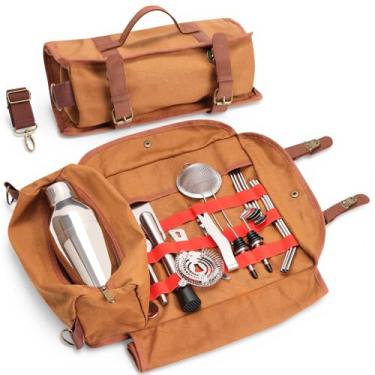 Imagem de Conjunto de 20 Peças de Aço Inoxidável de Luxo com Bolsa de Transporte Marrom, Kit Barman, Kit Drinks e Coqueteis