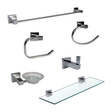 Imagem de Kit Acessórios Banheiro Em Aço Inox E Vidro 6 Peças Cromado