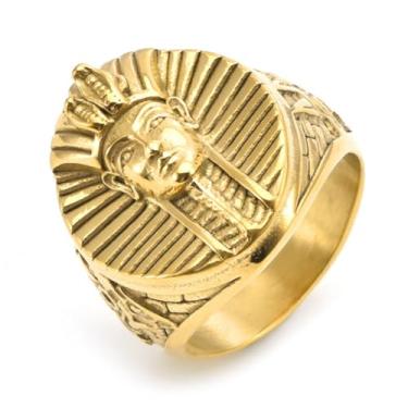 Imagem de JIPSJICI Anel masculino de aço inoxidável com sinete egípcio faraó rei TUT anéis pirâmide declaração joias, Metal, Sem Pedra Preciosa