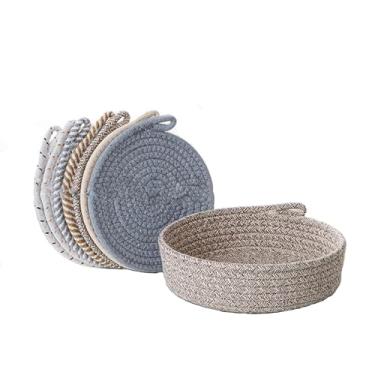 Imagem de WYSJYBHJ Conjunto de 7 porta-copos redondos com cesta de armazenamento, conjunto minimalista de porta-copos de algodão, jogo americano absorvente, jogo americano de tecido para decoração de casa