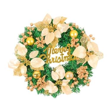 Imagem de KiBcsLic Guirlanda de porta de Natal feliz, folhas verdes, frutas vermelhas, enfeites de bola, guirlanda de flores artificiais de poinsétia para casa, árvore, Ouro 40cmx8cm