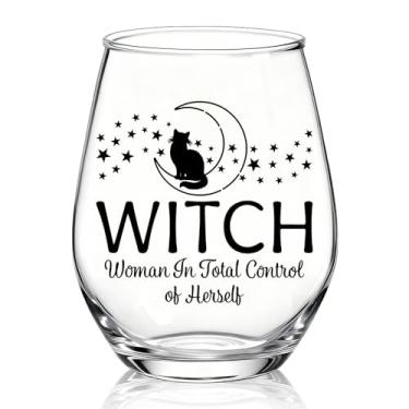Imagem de XQLZY Witch A Woman In Total Control Of Herself Taça de vinho sem haste, presentes engraçados de taça de vinho feminista para mulheres fortes, mãe, avó, tia, melhor amiga, presentes de Natal