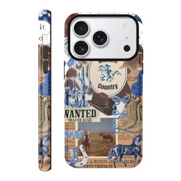 Imagem de Vulfwela Capa para iPhone 17 Pro Max de 16,9 cm retrô cowboy cowgirl, capa de telefone 2 em 1 Wild West Country chapéu protetor retrô à prova de choque cavalos cactos colagem Western Ranch Boho