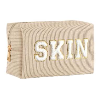 Imagem de 1 bolsa de maquiagem de veludo cotelê macio, capacidade espaçosa para cosméticos e pincéis, design portátil adequado para uso diário e viagens, Bege