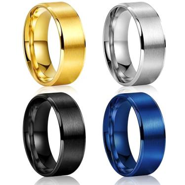 Imagem de Poxtex 4 peças de aliança de casamento masculina de 8 mm de largura, conjunto de anéis masculinos de aço inoxidável para joias, ouro prata preto azul acabamento escovado bordas chanfradas ajuste