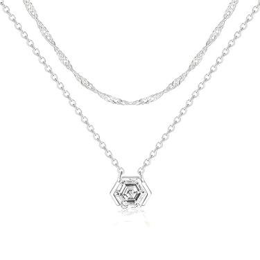 Imagem de Poxtex Colares de diamante para mulheres, não mancha, colar delicado de ouro 14 K, corrente gargantilha de prata com pingente duplo, conjuntos de joias de zircônia cúbica simples em camadas, presentes