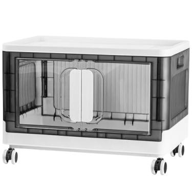 Imagem de Organizador de armazenamento dobrável com rodízios silenciosos | Design empilhável para casa e escritório, caixa de armazenamento de plástico resistente com porta transparente, 3 tamanhos (19,5/23,5