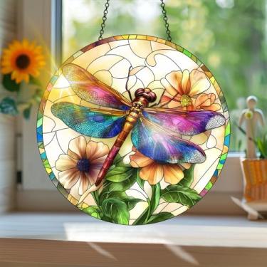 Imagem de Acrílico colorido Suncatcher, apanhador de sol estilo vitral impresso libélula com reflexos de arco-íris, decoração de janela suspensa, decoração de parede, ornamentos de Natal para uso interno e