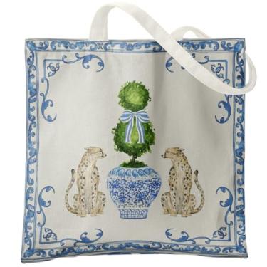 Imagem de Veqzc Sacola de porcelana azul e branca com leopardos chinoiserie, Topiary e Staffordshire Leopards para mulheres, sacola floral azul vintage, sacolas de compras reutilizáveis